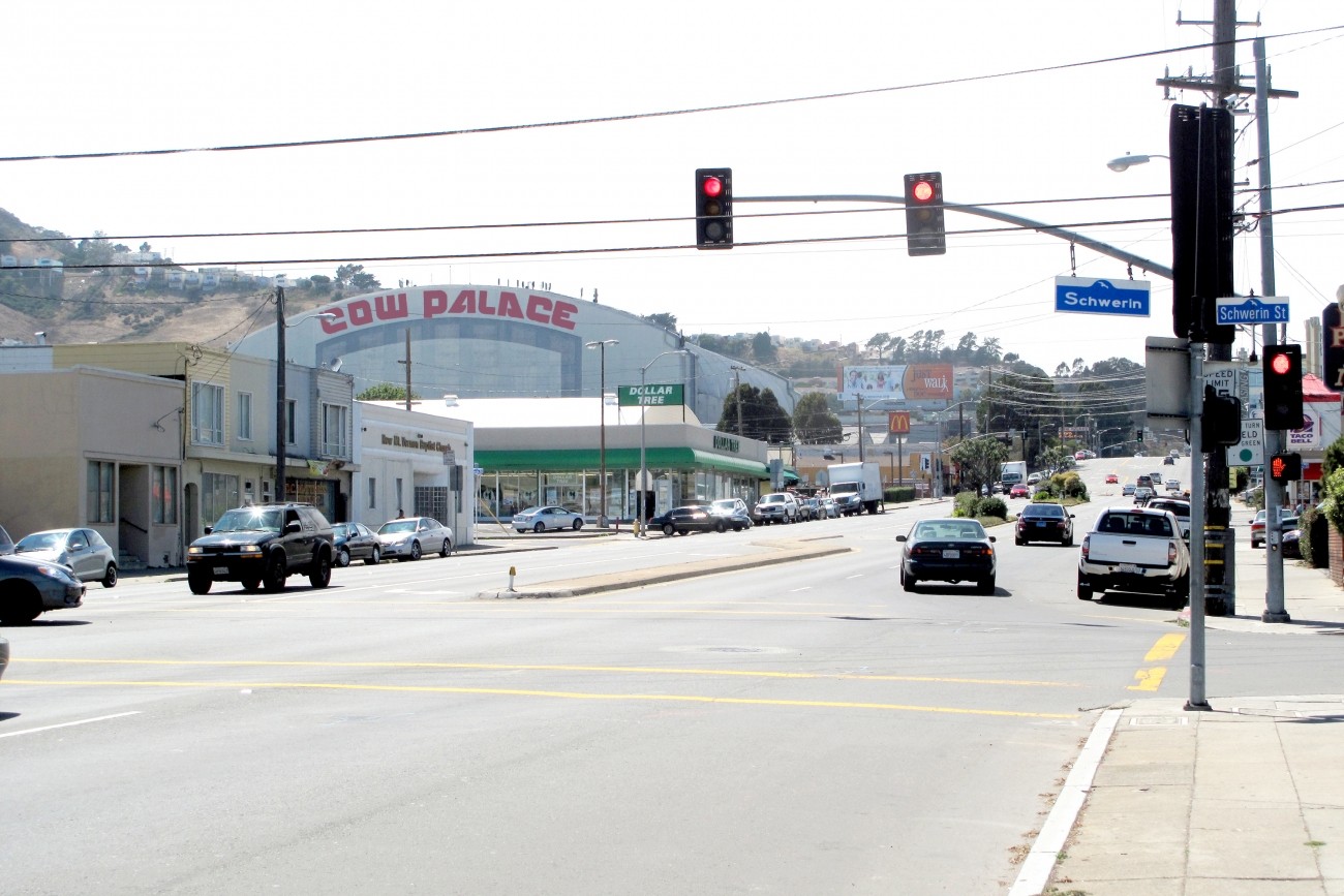 A view of Cow Palace from the Geneva Ave/Schwerin intersection