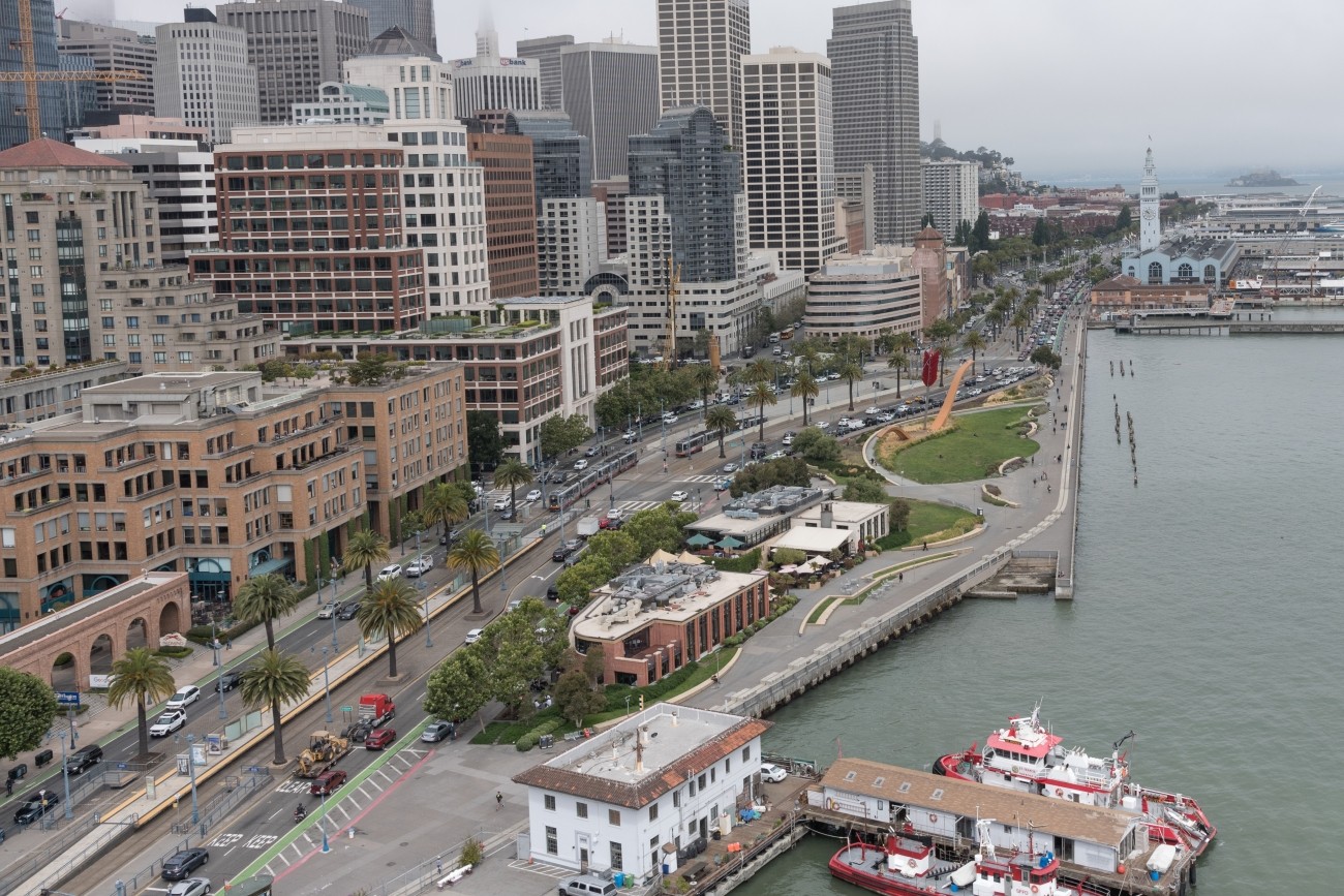 An aerial view of the SF waterfront including the Ferry building 