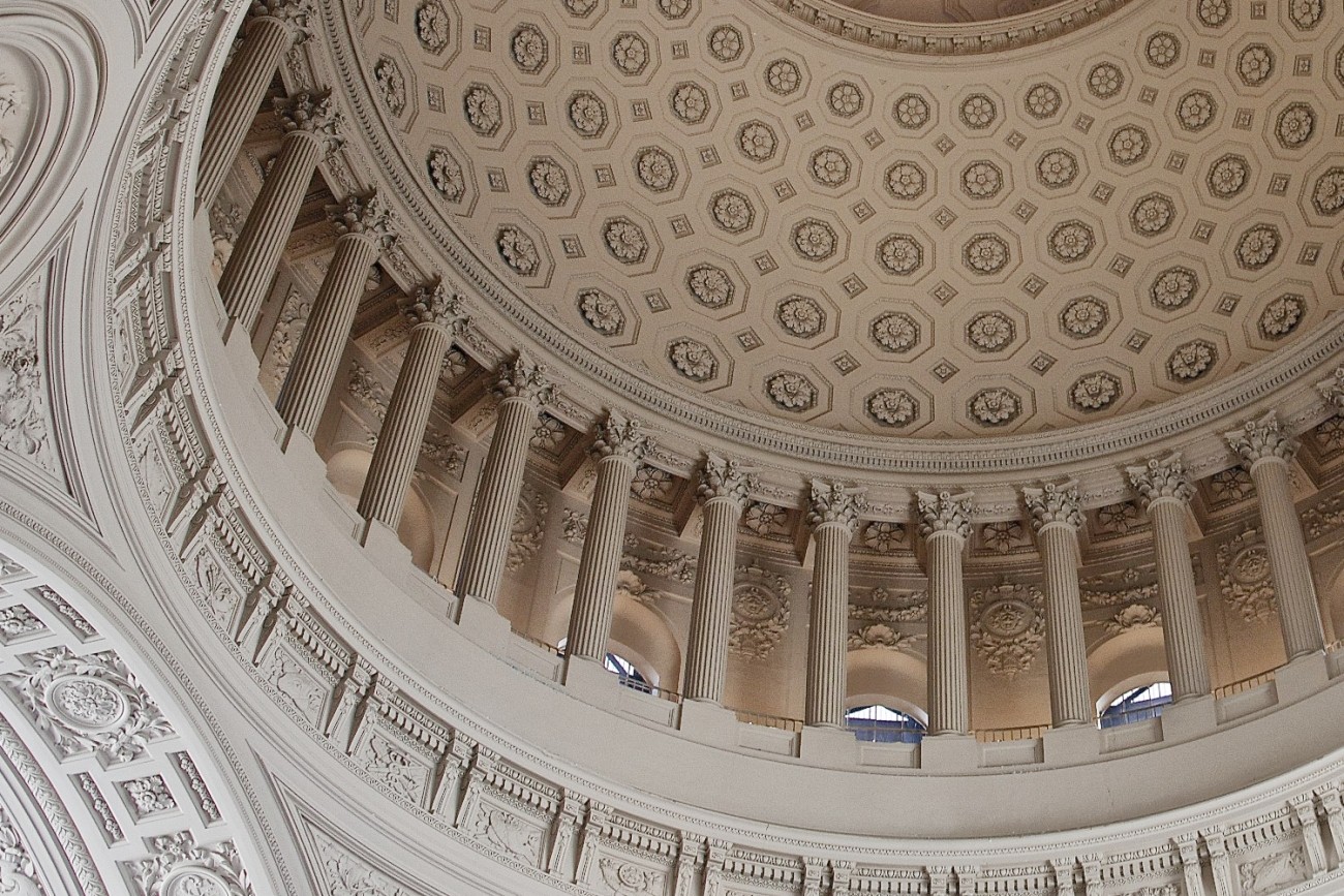An image from inside City Hall looking up at the dome