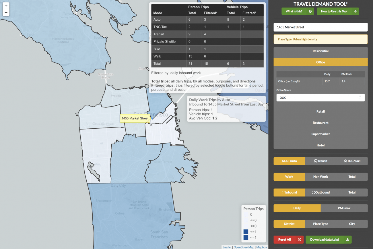 Screenshot of the Travel Demand Tool