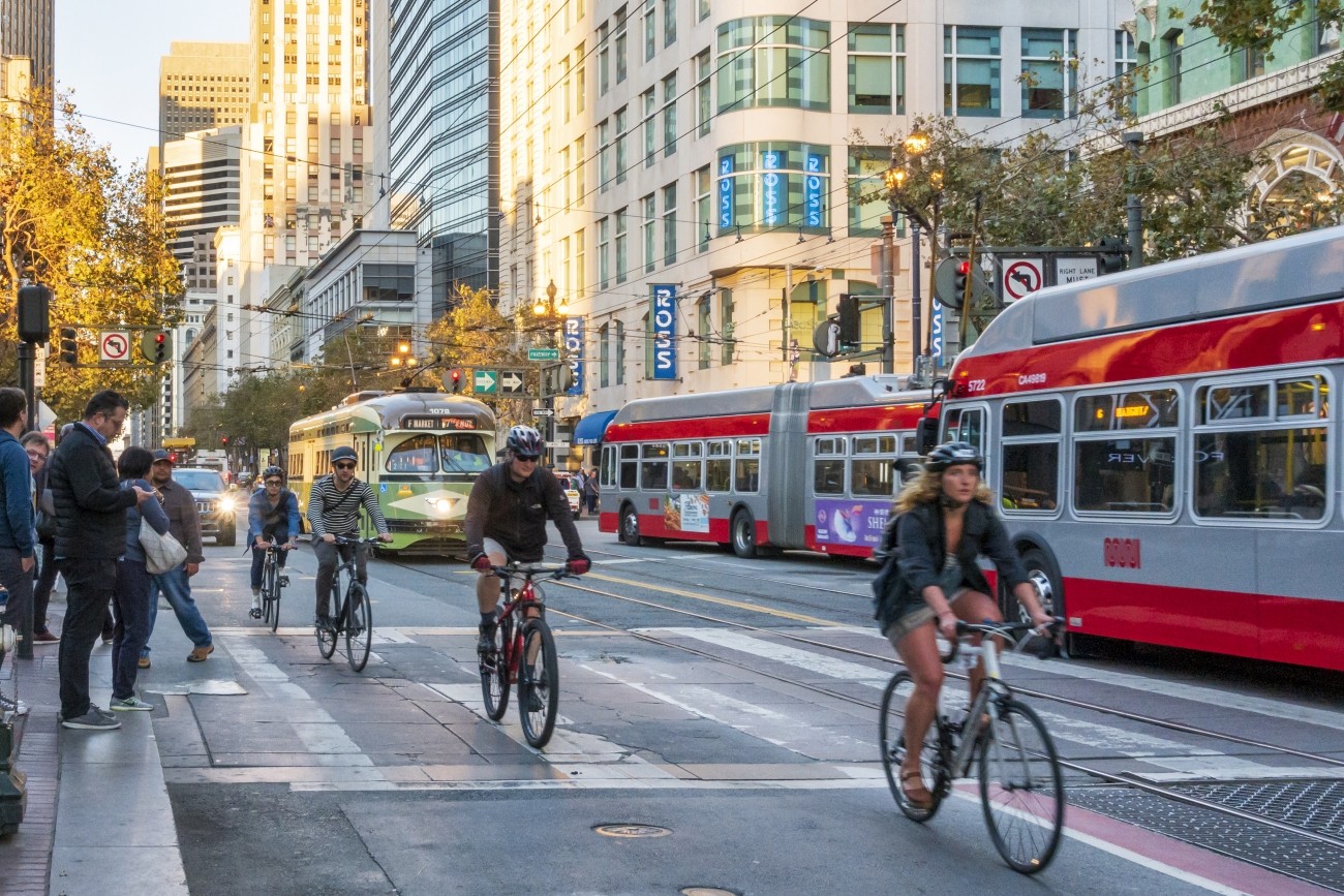 Bicyclists and transit vehicles on Market Street