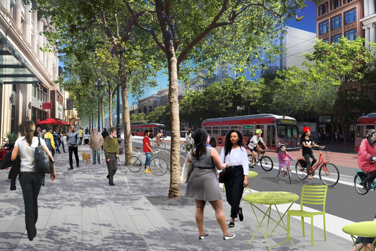 A rendering of the Better Market Street project, with people socializing on a wide sidewalk with people biking and several Muni buses traveling on the street