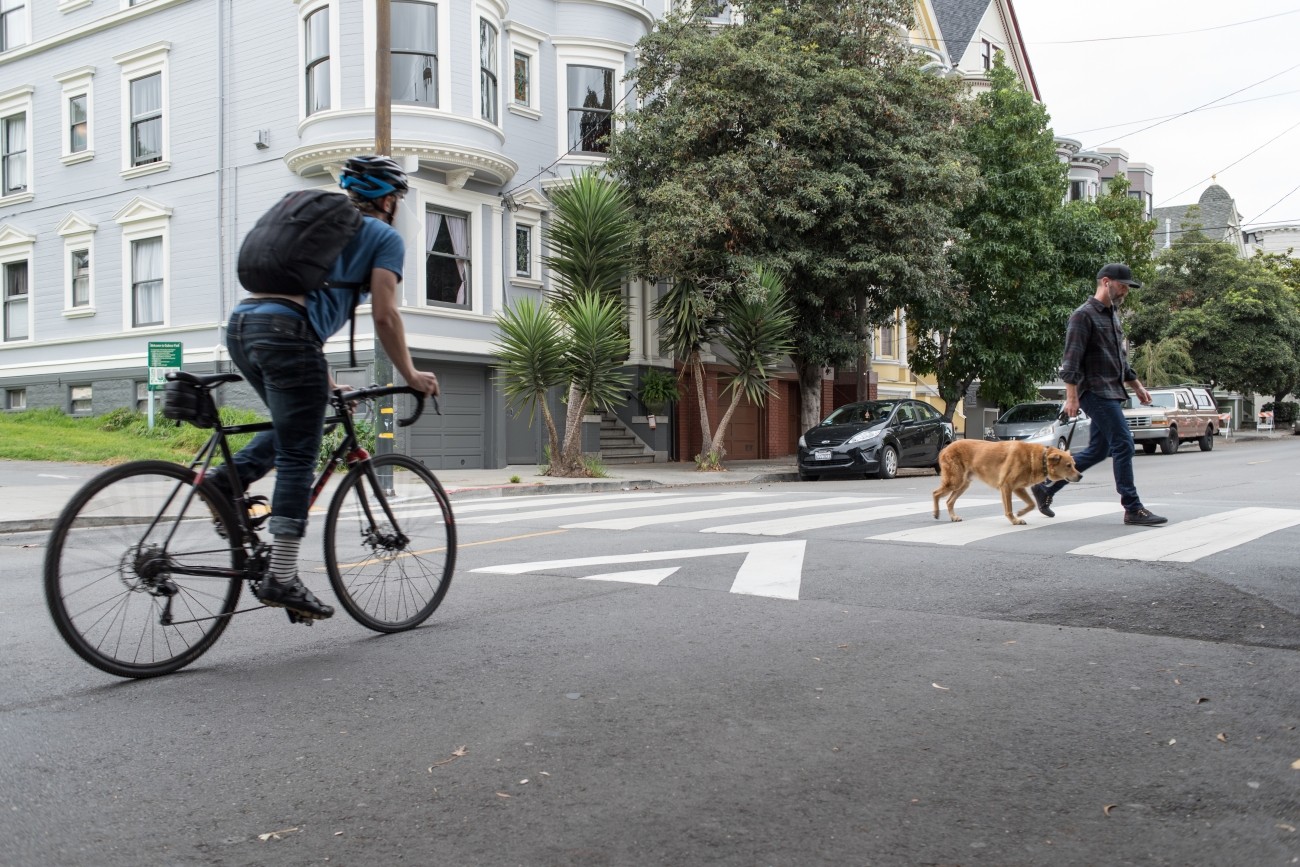 Person with dog walking on raised crosswalk with bicyclist waiting