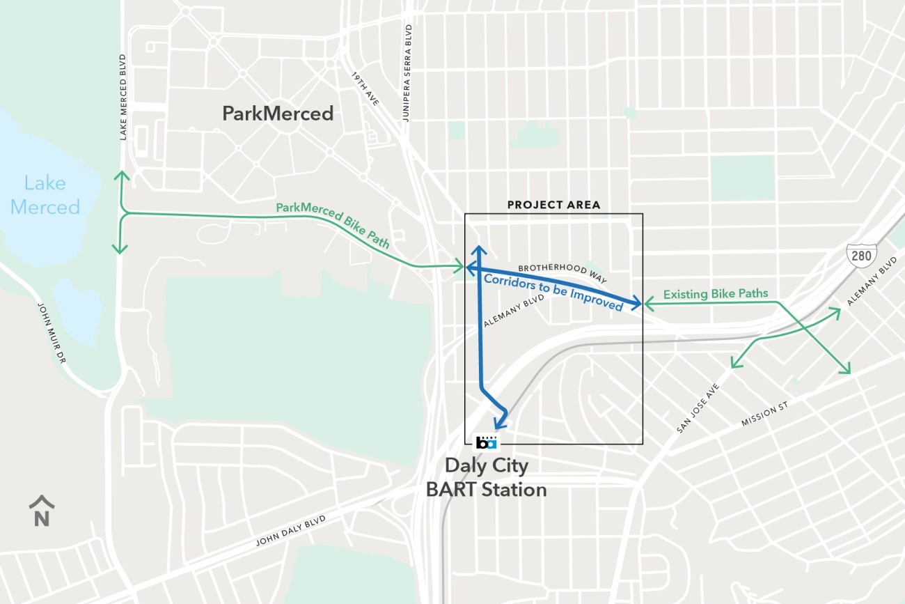 A map of the Project Area and its surroundings. To the west of the Project Area is a green line, running along brotherhood way from Lake Merced Boulevard to just east of Junipero Serra Boulevard, labeled "ParkMerced Bike Path." To the east of the Project Area are green lines labeled "Existing Bike Paths." Within the Project area are two blue lines, one connecting the green lines on either side, the other running from St. Charles Avenue to Daly City BART.