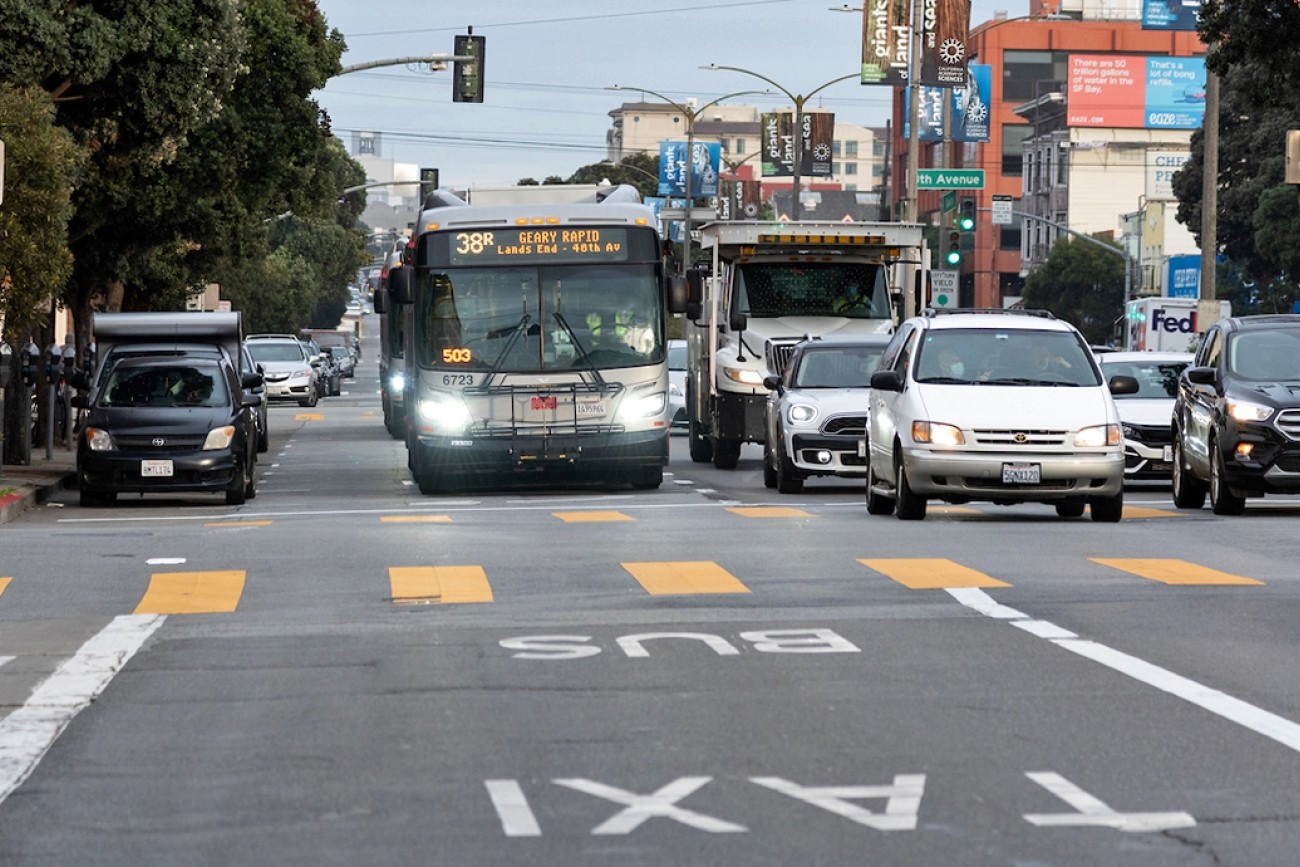 Buses and cars on Geary Blvd. 