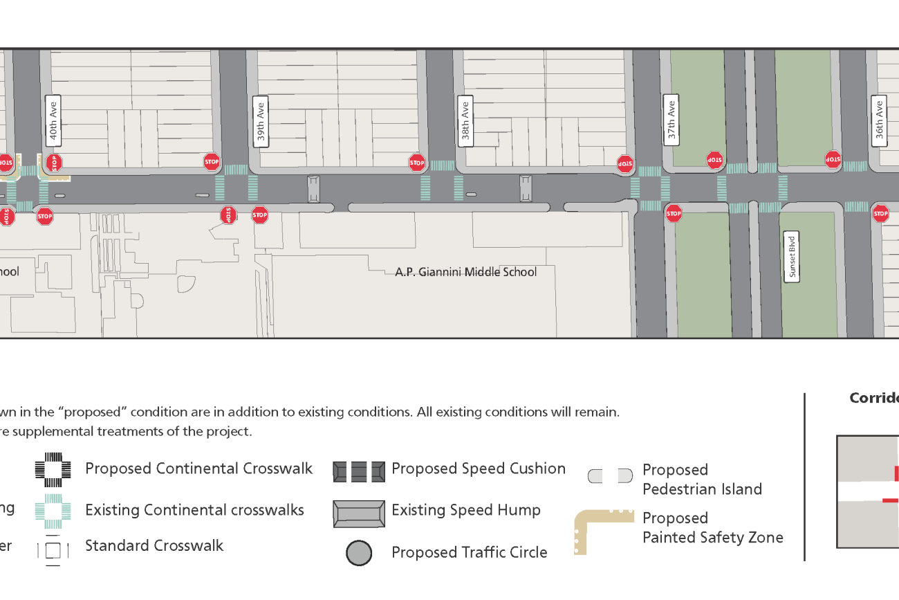 Diagram of proposed improvements to Ortega Street between 41st and 35th.