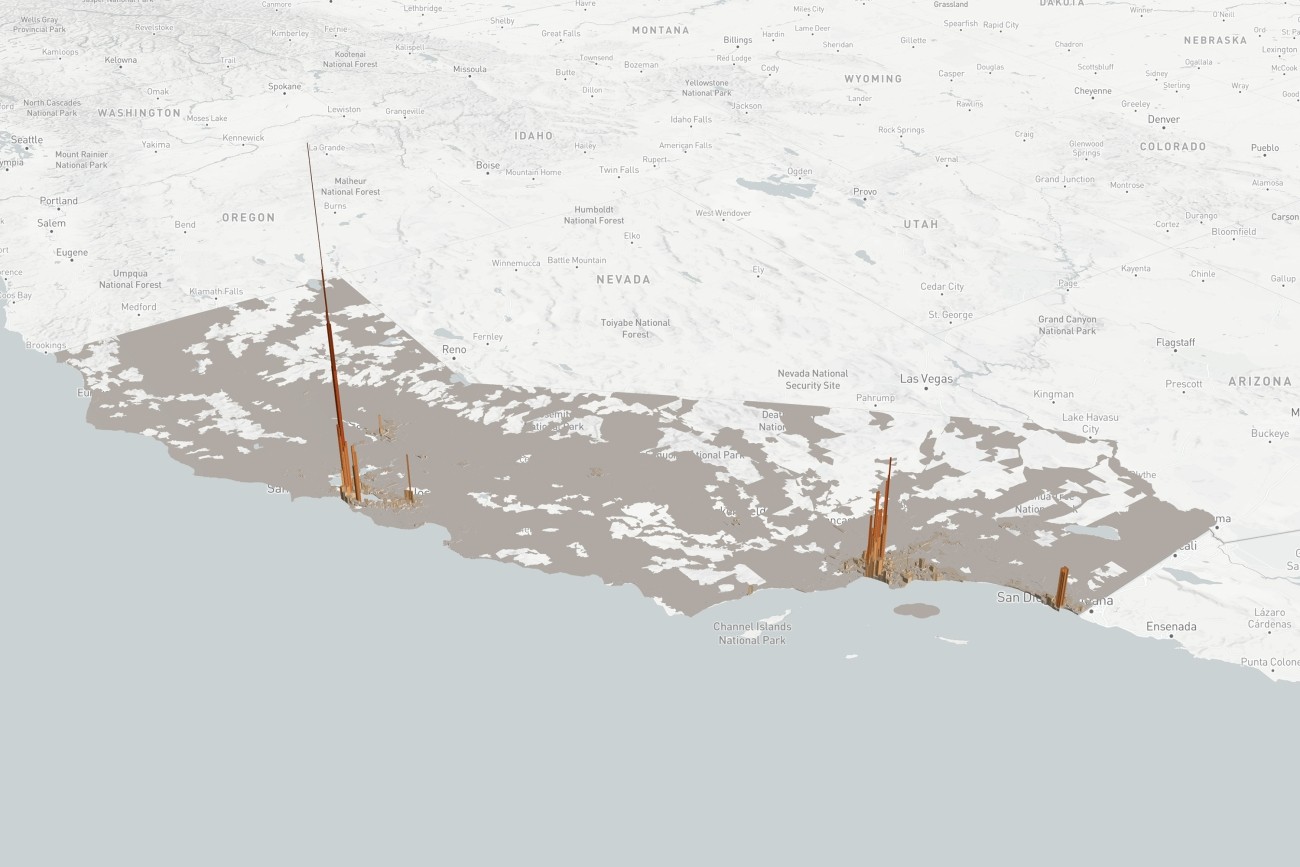 A 3-dimensional map of California showing total TNC trips per square mile by zip code. Trip density is represented by height and by color scale from gray to orange. Zip codes with few or no trips are flat and gray. Zip codes with more trips per square mile are progressively taller and darker shades of orange. The map shows a tall cluster of dark orange towers in San Francisco, followed by a cluster of medium-orange towers in Los Angeles, shorter and covering a larger area than San Francisco.