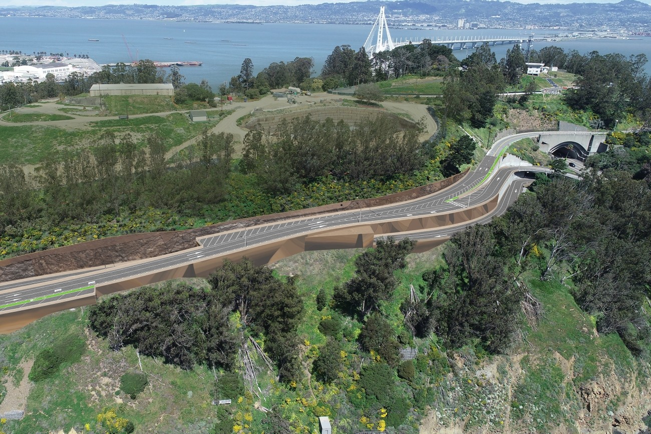 Rendering of the newWest Side Bridges, connecting Treasure Island Road to Hillcrest Road and the Bay Bridge