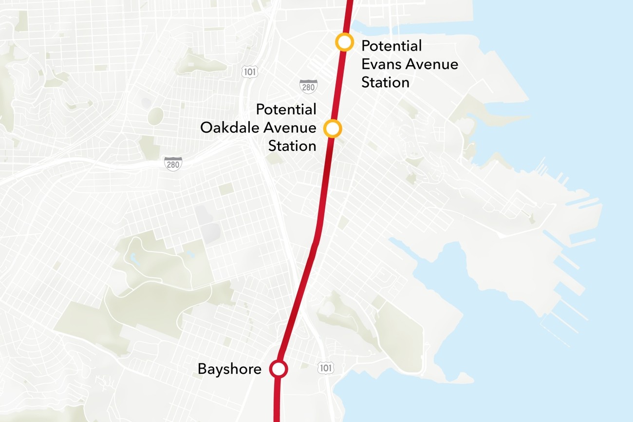 Map of Caltrain stations in the Bayview, showing the existing Bayshore station, as well as new potential stations at Evans Avenue and Oakdale Avenue.