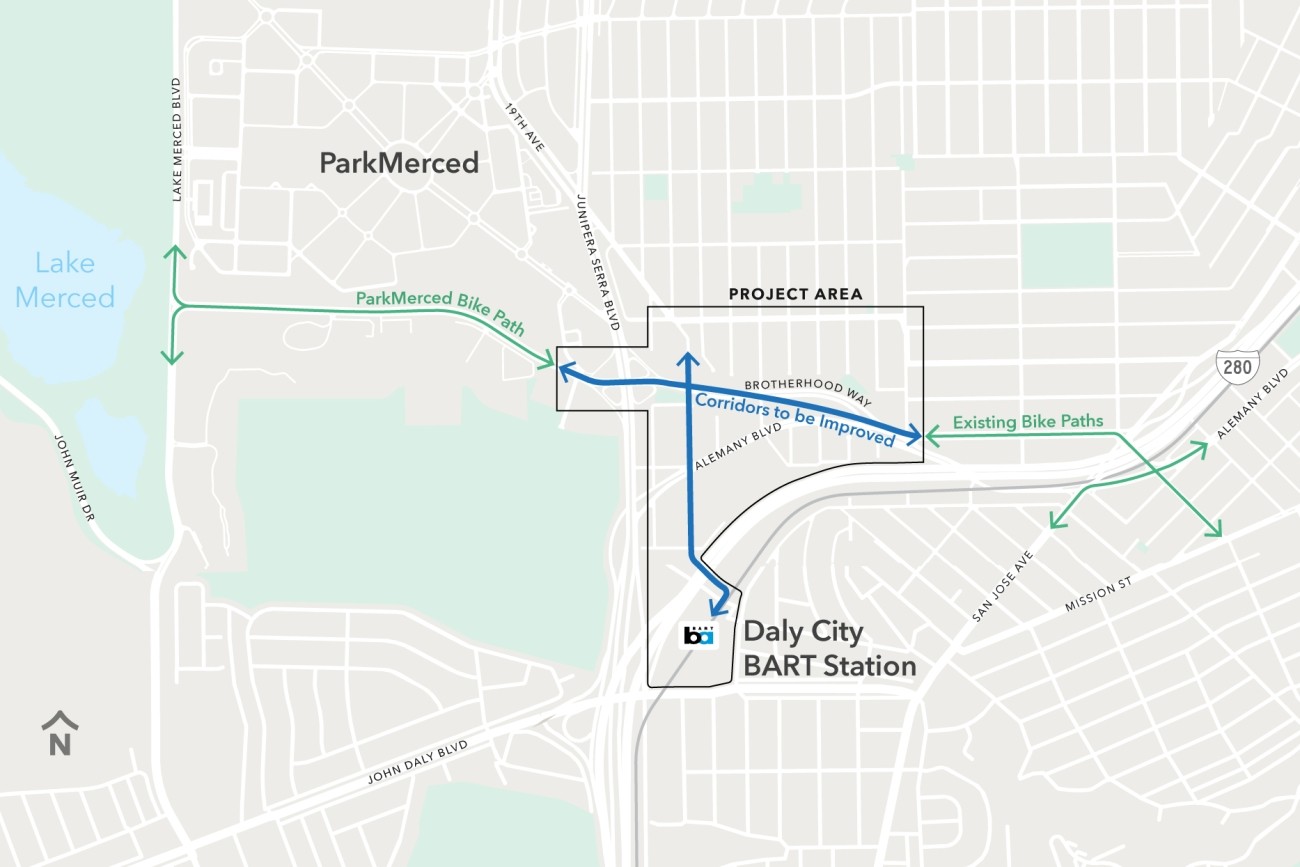 A map of the Project Area and its surroundings. To the west of the Project Area is a green line, running along brotherhood way from Lake Merced Boulevard to just east of Junipero Serra Boulevard, labeled "ParkMerced Bike Path." To the east of the Project Area are green lines labeled "Existing Bike Paths." Within the Project area are two blue lines, one connecting the green lines on either side, the other running from St. Charles Avenue to Daly City BART.