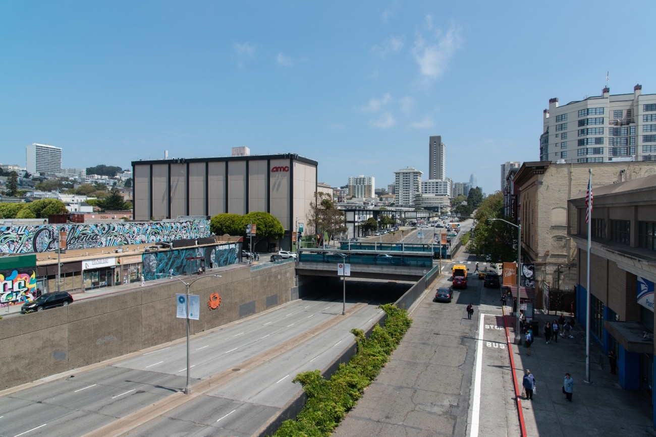 The Geary Boulevard underpass at Fillmore Street, seen looking east toward Downtown San Francisco.