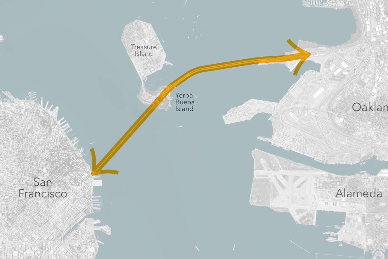 A map of the Transbay Corridor, with San Francisco on the left, Oakland and Alameda on the right, and Treasure Island & Yerba Buena Islands in the center. A yellow line with arrowheads at both ends runs along the Bay Bridge between San Francisco and Oakland.
