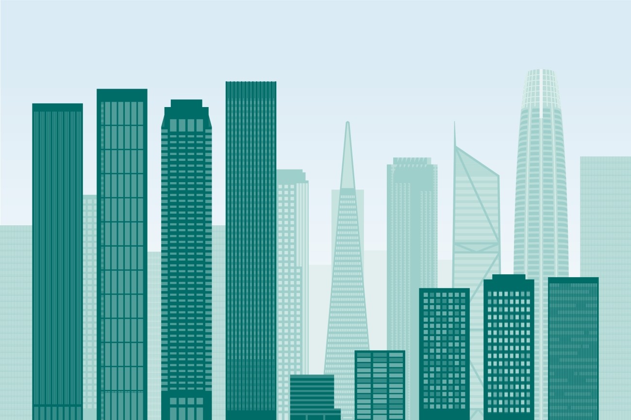 An illistration of Downtown San Francisco. the high-rise buildings bear a distinct resemblance to one of the graphs in this report.