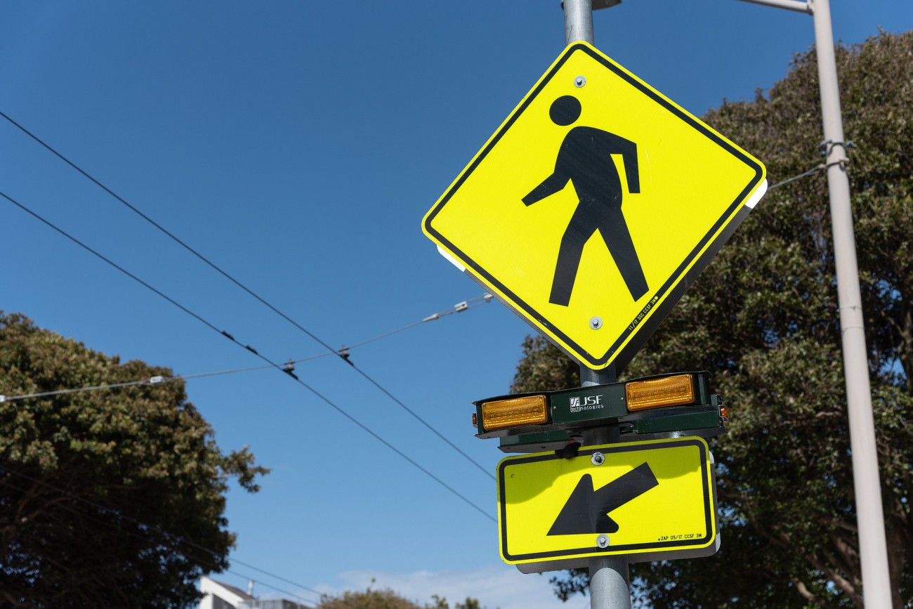 Image showing a Rectangular Rapid Flashing Beacon (RRFB) installed in San Francisco by SFMTA. 
