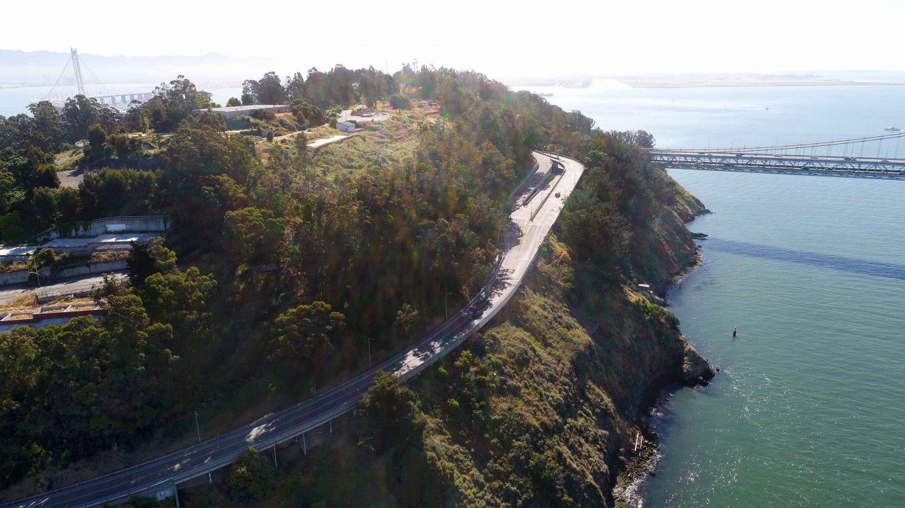 An aerial image of the bridges on Yerba Buena Island