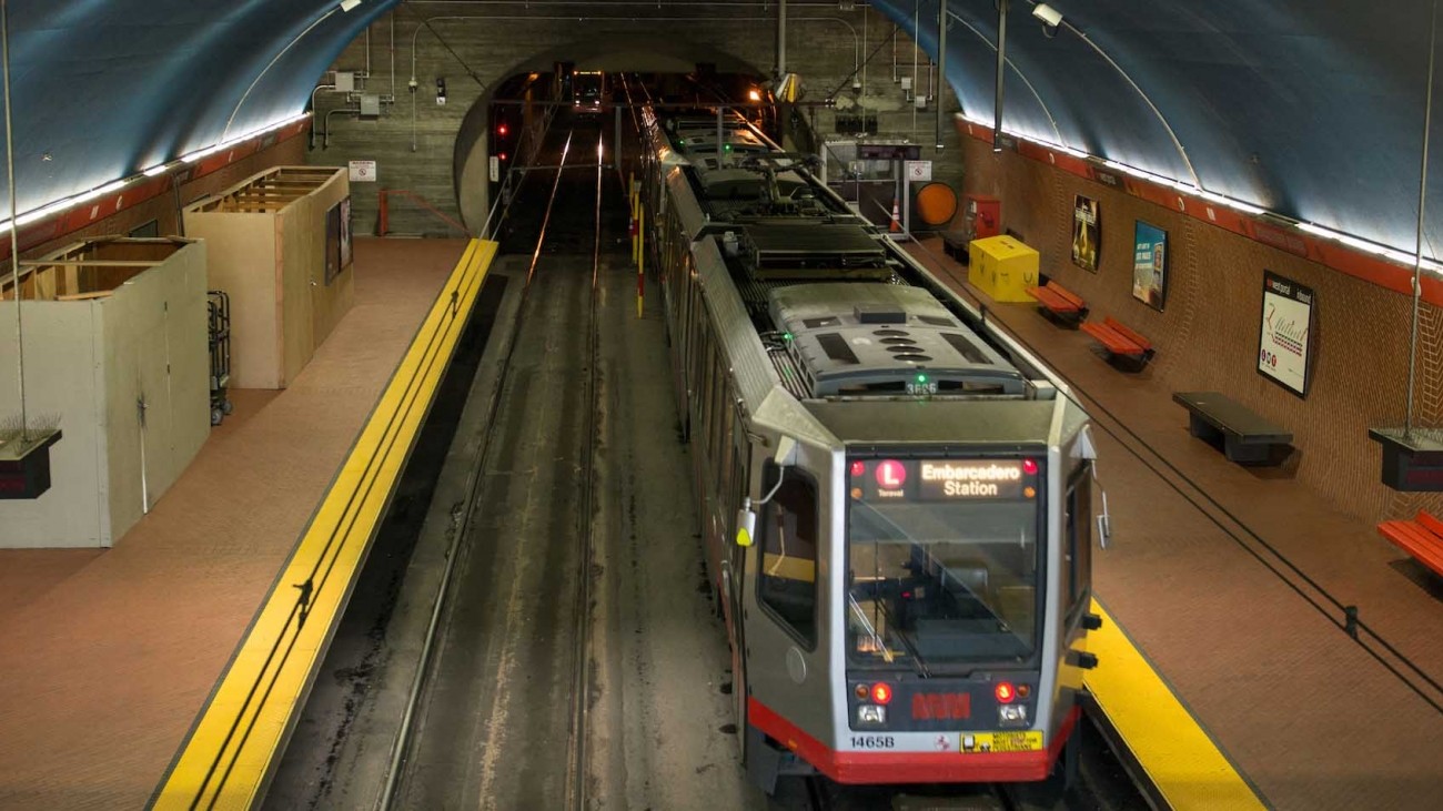 An L Taraval Muni vehicle at the West Portal station