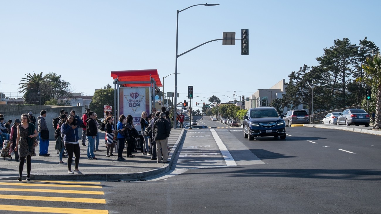 A bus stop at the Balboa Park station