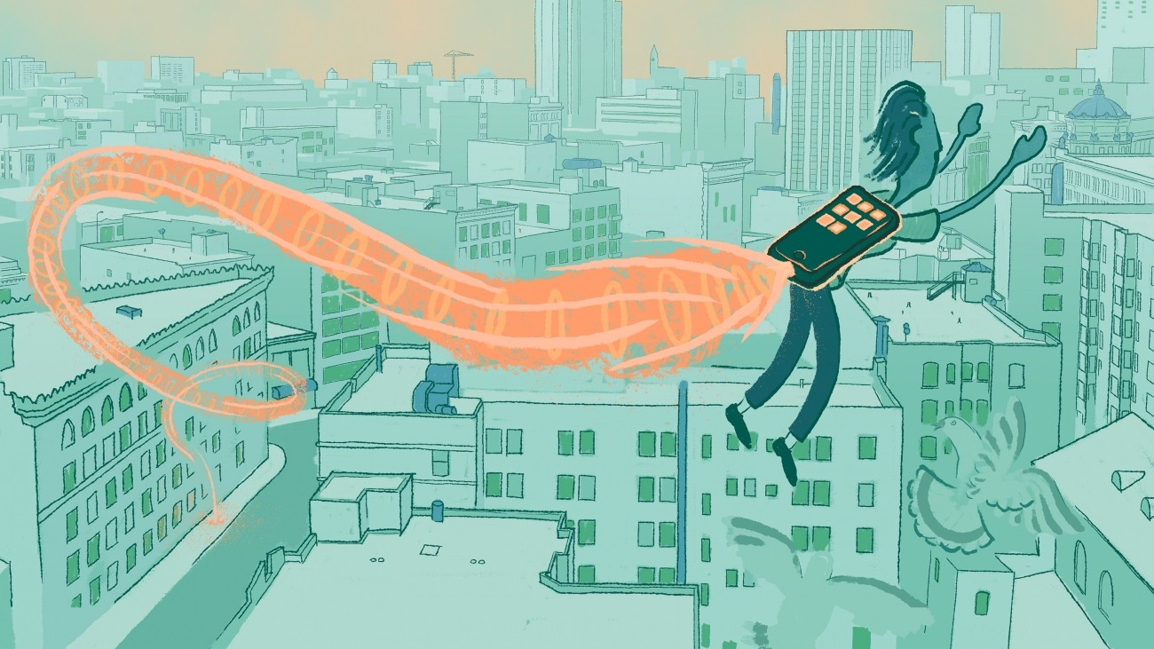 A sketch of a person wearing an electronic jetpack soaring over the city skyline