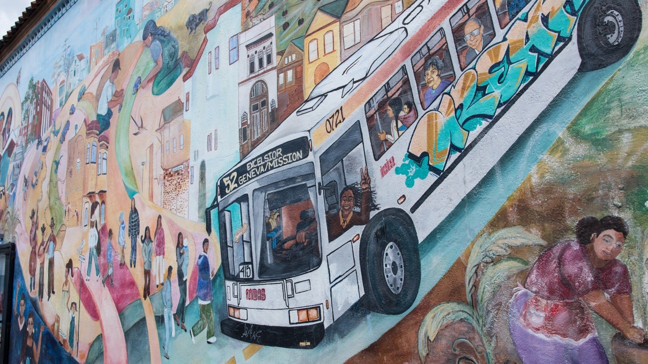 A mural with a Muni bus in the Excelsior 