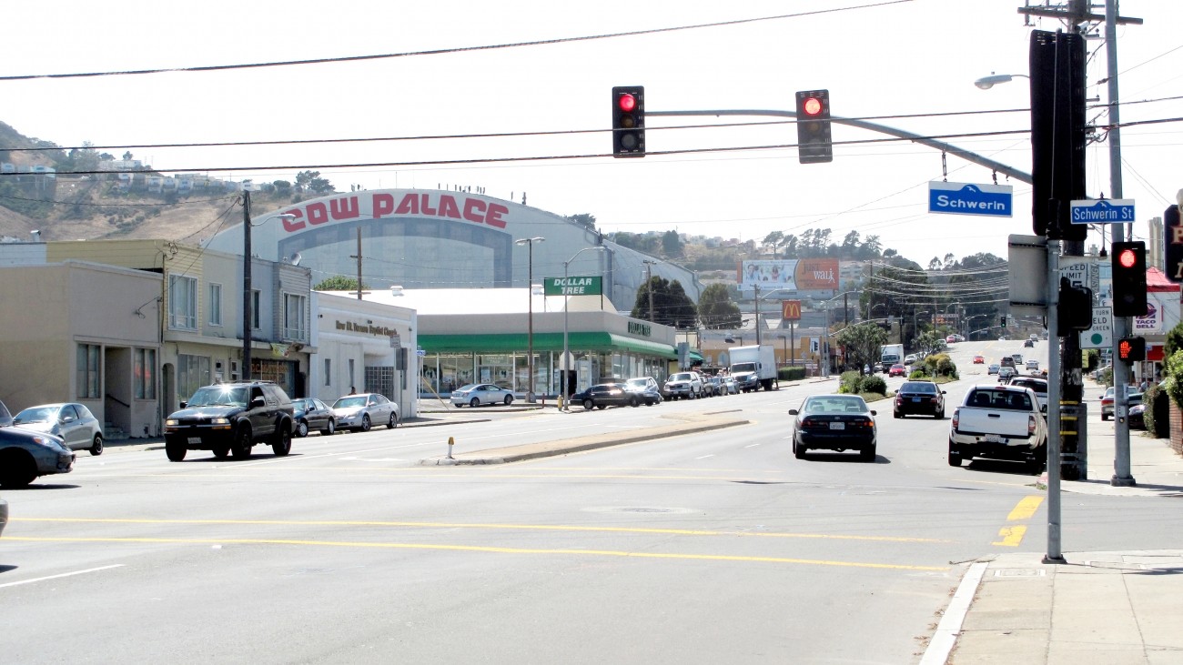 A view of Cow Palace from the Geneva Ave/Schwerin intersection