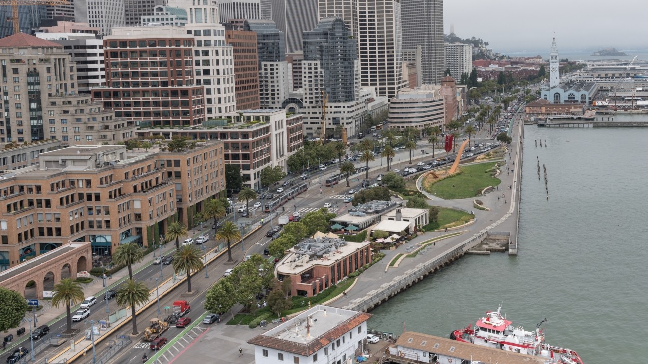 An aerial view of the SF waterfront including the Ferry building 