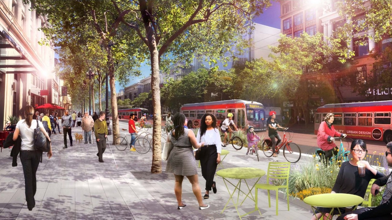 A rendering of the Better Market Street project, with people socializing on a wide sidewalk with people biking and several Muni buses traveling on the street