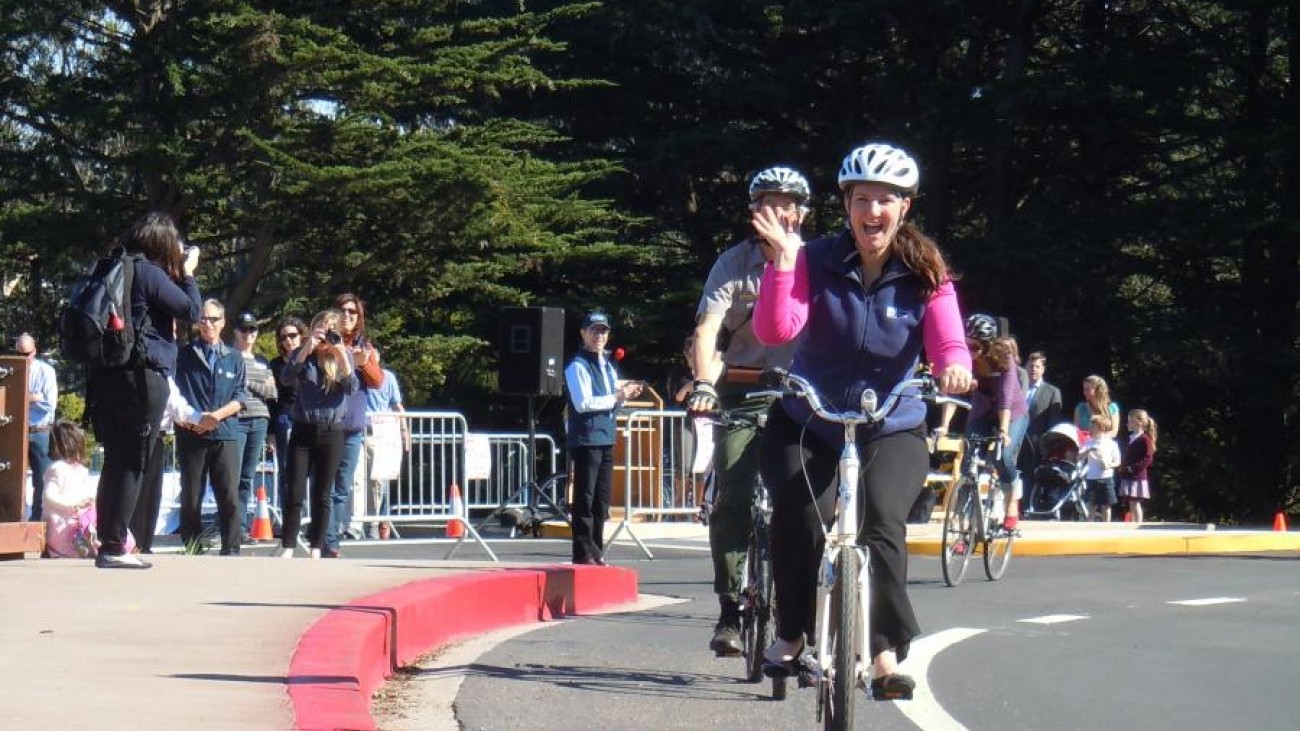 Cyclists enjoy the new bicycle lanes installed in the Presidio through the Arguello Pedestrian Gap Closure project. 