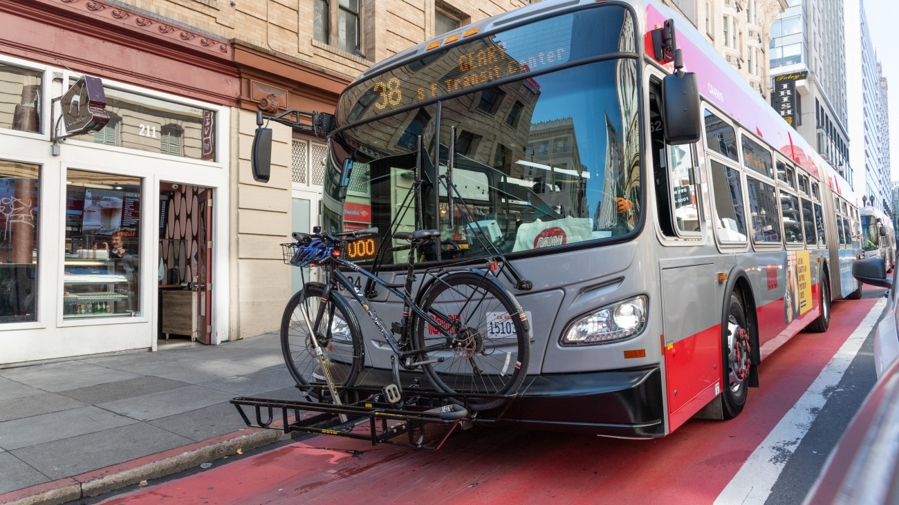 Am image of the 38 Geary bus with a bike on the front