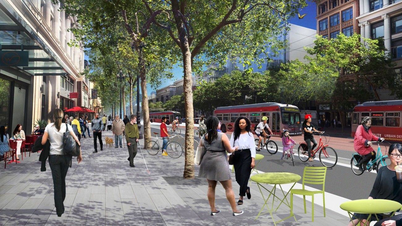 A rendering of the Better Market Street project, with people socializing on a wide sidewalk with people biking and several Muni buses traveling on the street