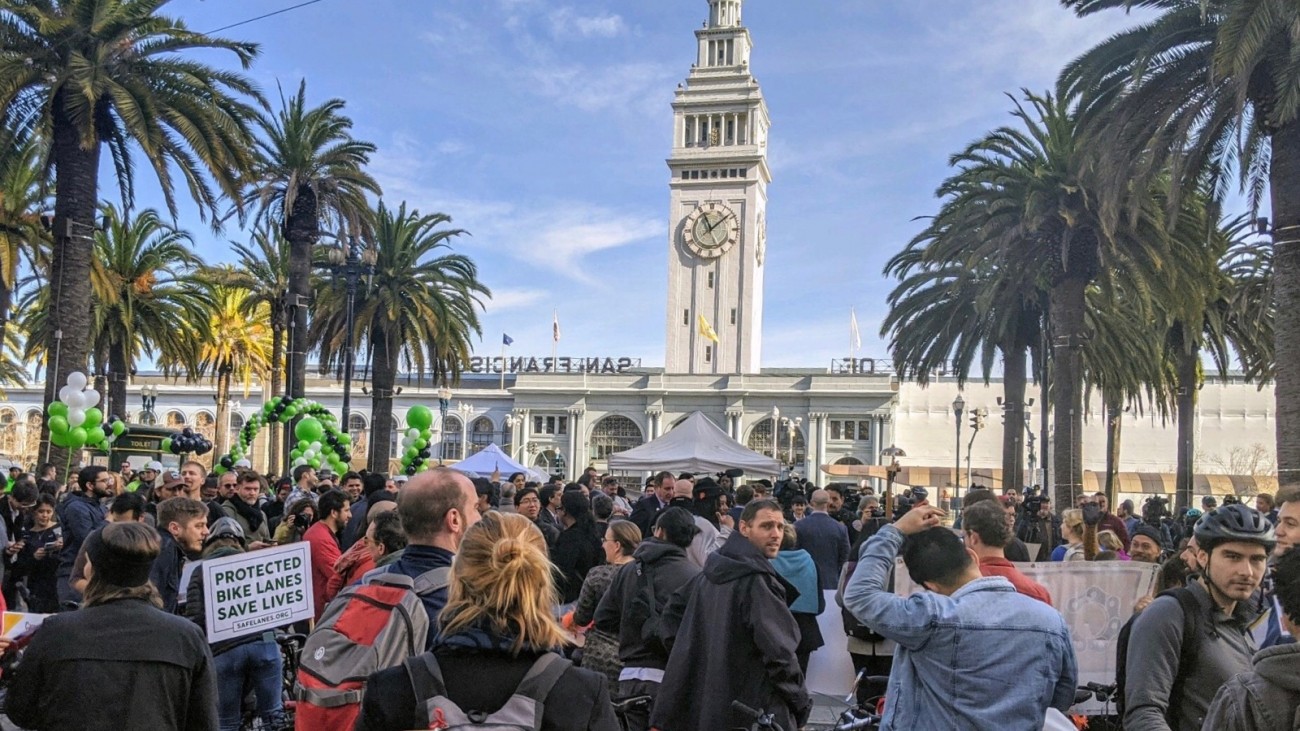 crowd in front of the ferry building