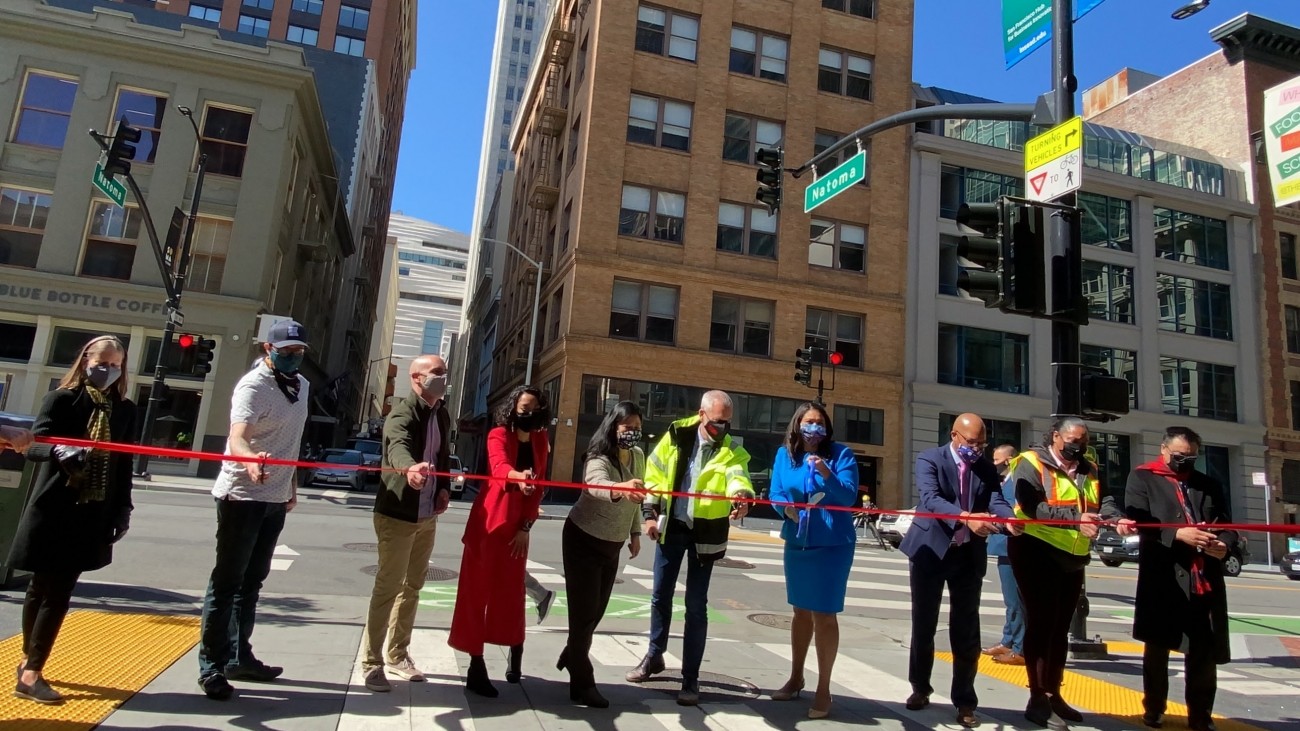 SF elected officials and local transportation representatives gathered for ribbon cutting in celebration of the completion of the Second Street Improvements Project