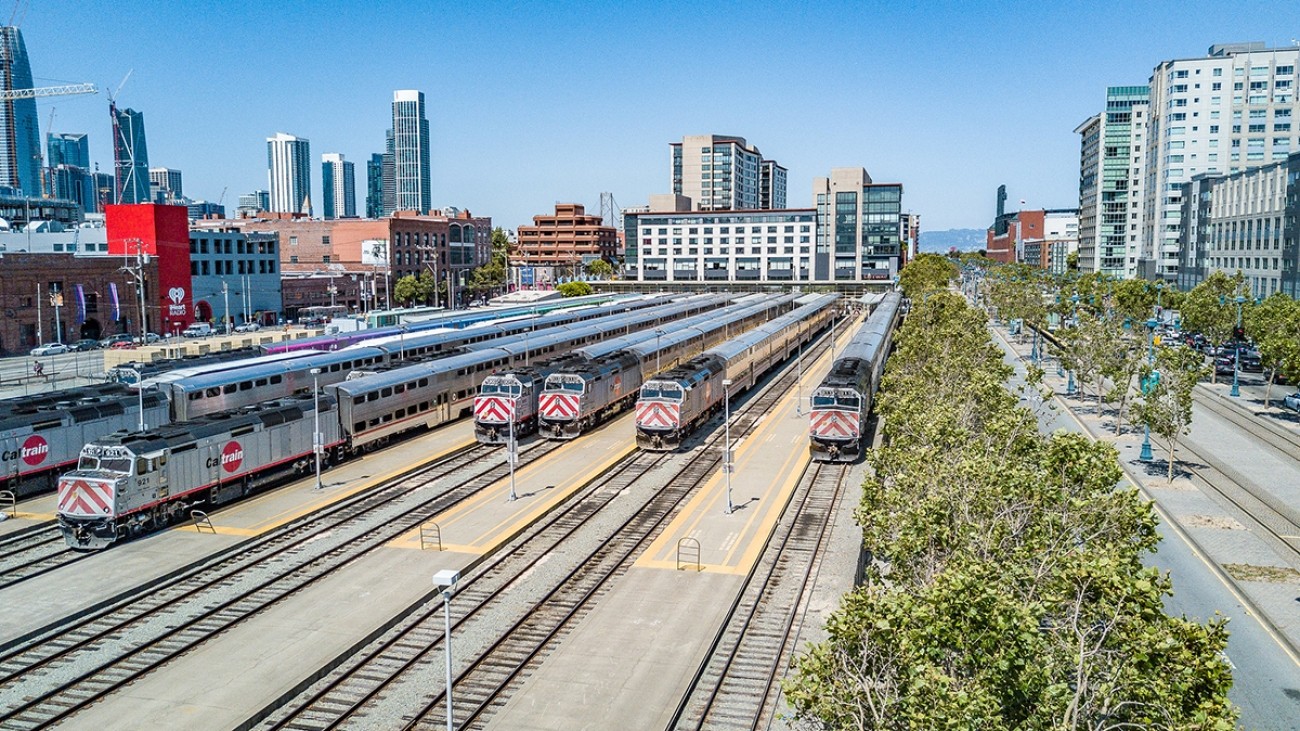 Caltrain station with several trains lined up