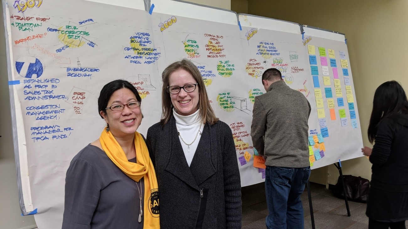 Tilly Chang and Maria Lombardo standing in front of wall of writing