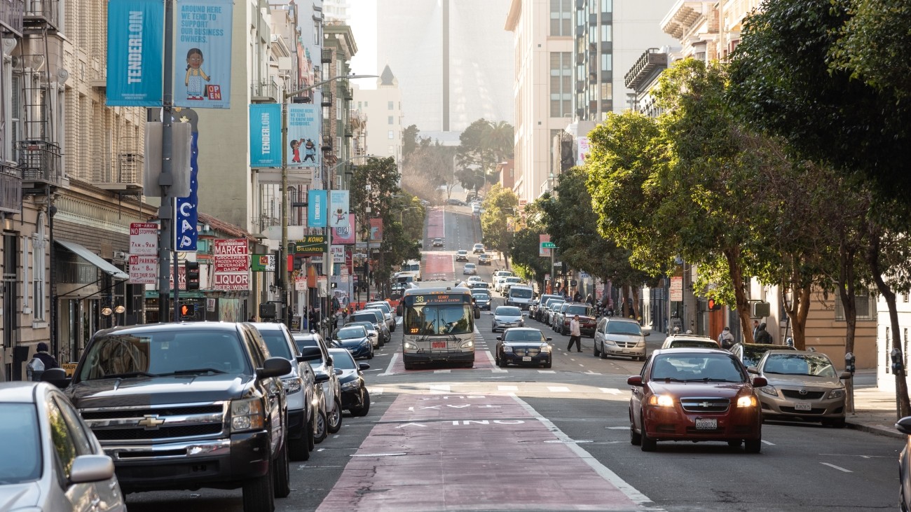 View looking down a transit-only lane in the Tenderloin District