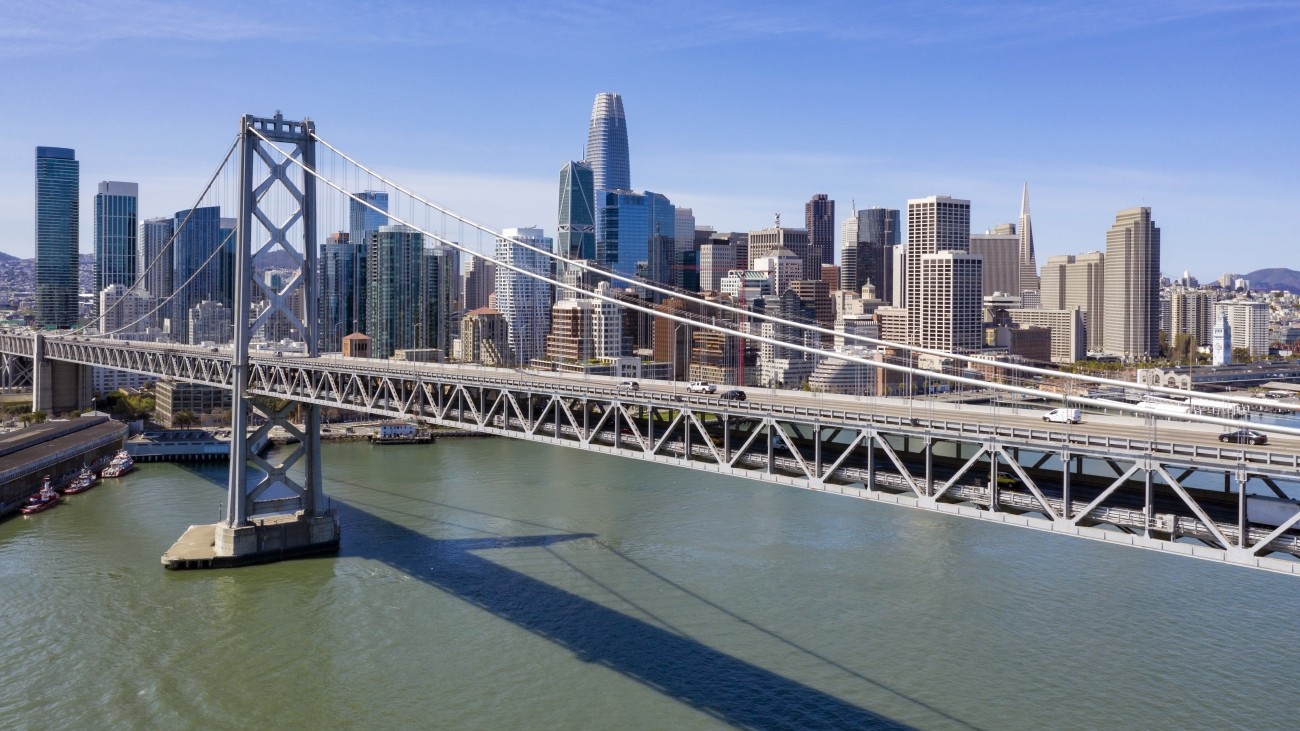 View overlooking the Bay Bridge with the San Francisco skyline in the background.