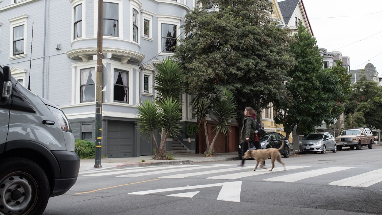 Woman walking her dog across a raised sidewalk