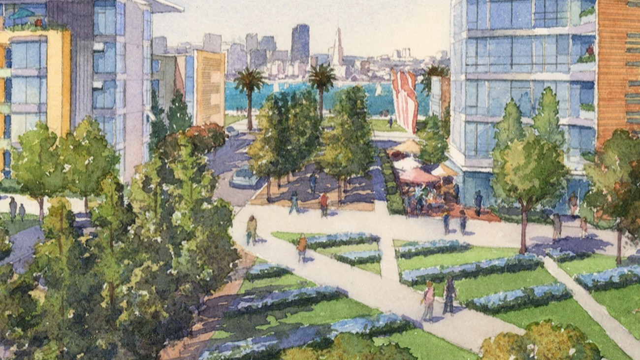 A rendering of a future neighborhood on Treasure Island, with walking paths and pedestrian-only streets.