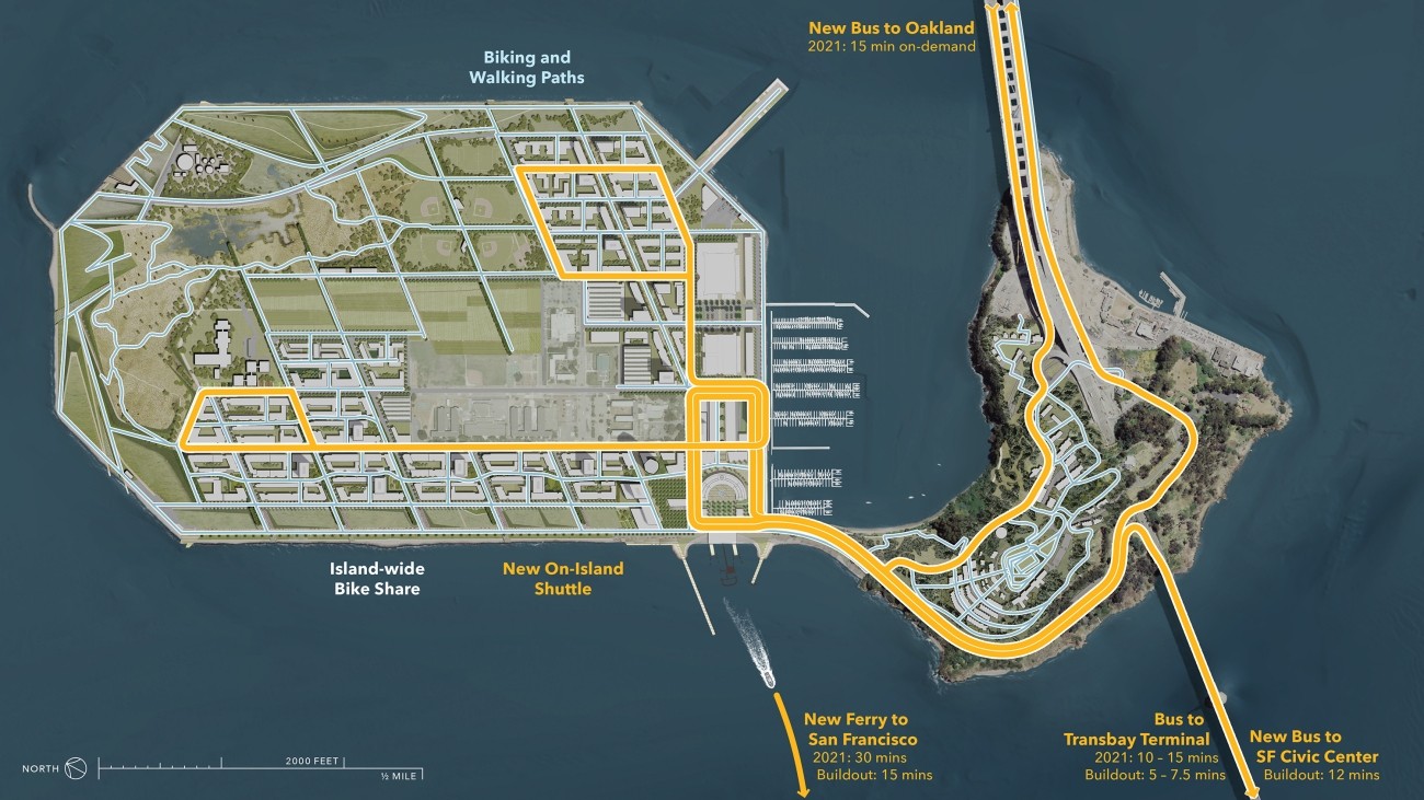 A map showing future transportation improvements on Treasure Island and Yerba Buena Island, including walking and biking paths throughout the islands, a shuttle on Treasure Island, ferry service to Downtown San Francisco from a new terminal on Treasure Island, new bus service between the new ferry terminal and Downtown Oakland, new bus service between the new ferry terminal and San Francisco Civic Center, and improved bus service between the new ferry terminal and the Salesforce Transit Center.