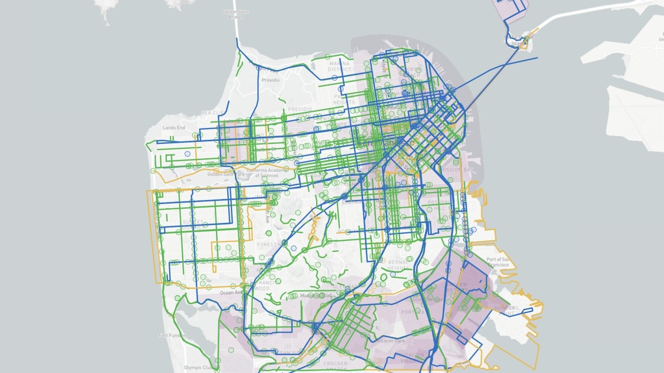 A map showing all the projects funded by the Transportation Authority. At citywide scale, the project overlap and become almost indistinguishable