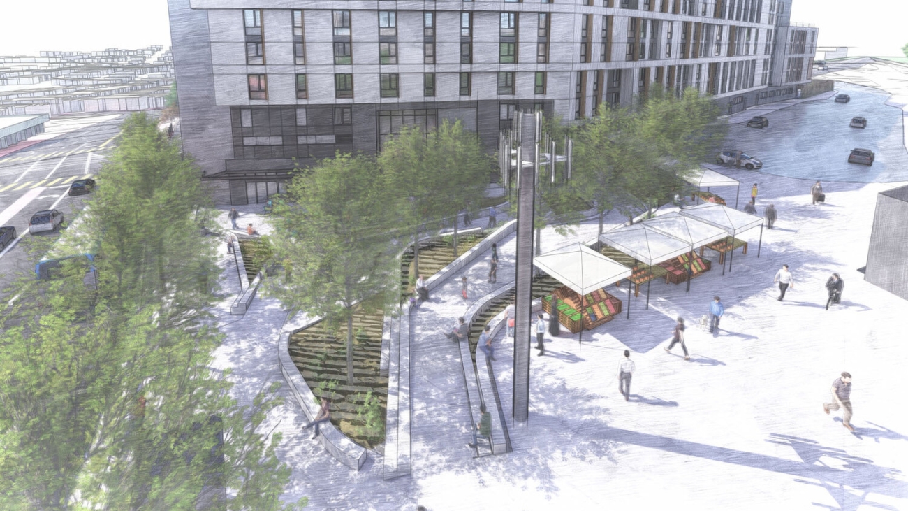 Artist rendering of tiered plaza with a path, trees and seating, beside housing units