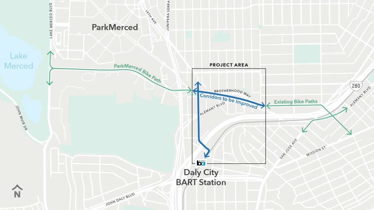 A map of the Project Area and its surroundings. To the west of the Project Area is a green line, running along brotherhood way from Lake Merced Boulevard to just east of Junipero Serra Boulevard, labeled "ParkMerced Bike Path." To the east of the Project Area are green lines labeled "Existing Bike Paths." Within the Project area are two blue lines, one connecting the green lines on either side, the other running from St. Charles Avenue to Daly City BART.