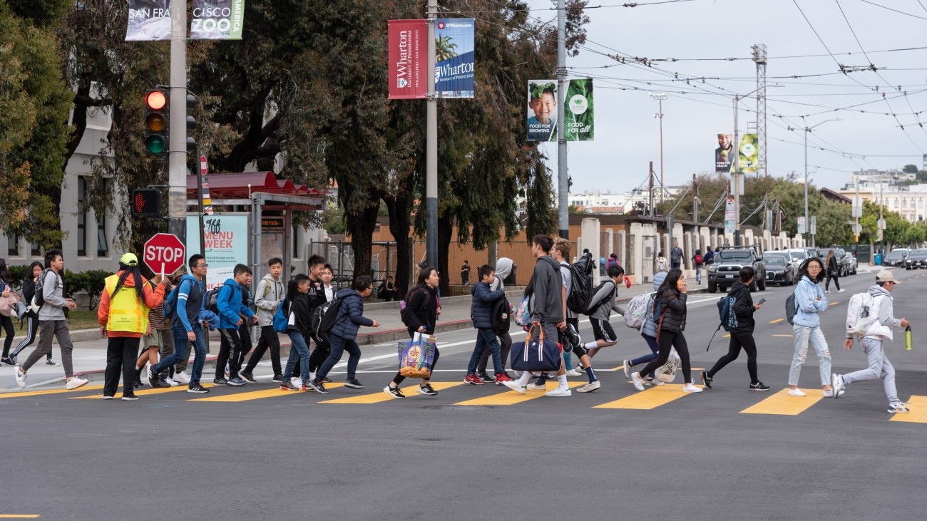 Kids crossing street on crosswalk