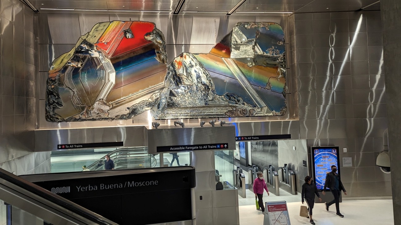 Large metal artwork inside Yerba Buena/Moscone Station 
