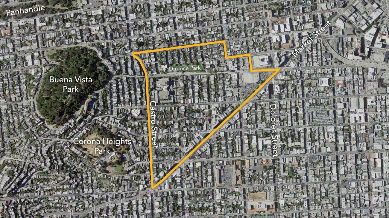 A satellite image of the Duboce Triangle neighborhood in San Francisco with a yellow border around the neighborhood boundaries.