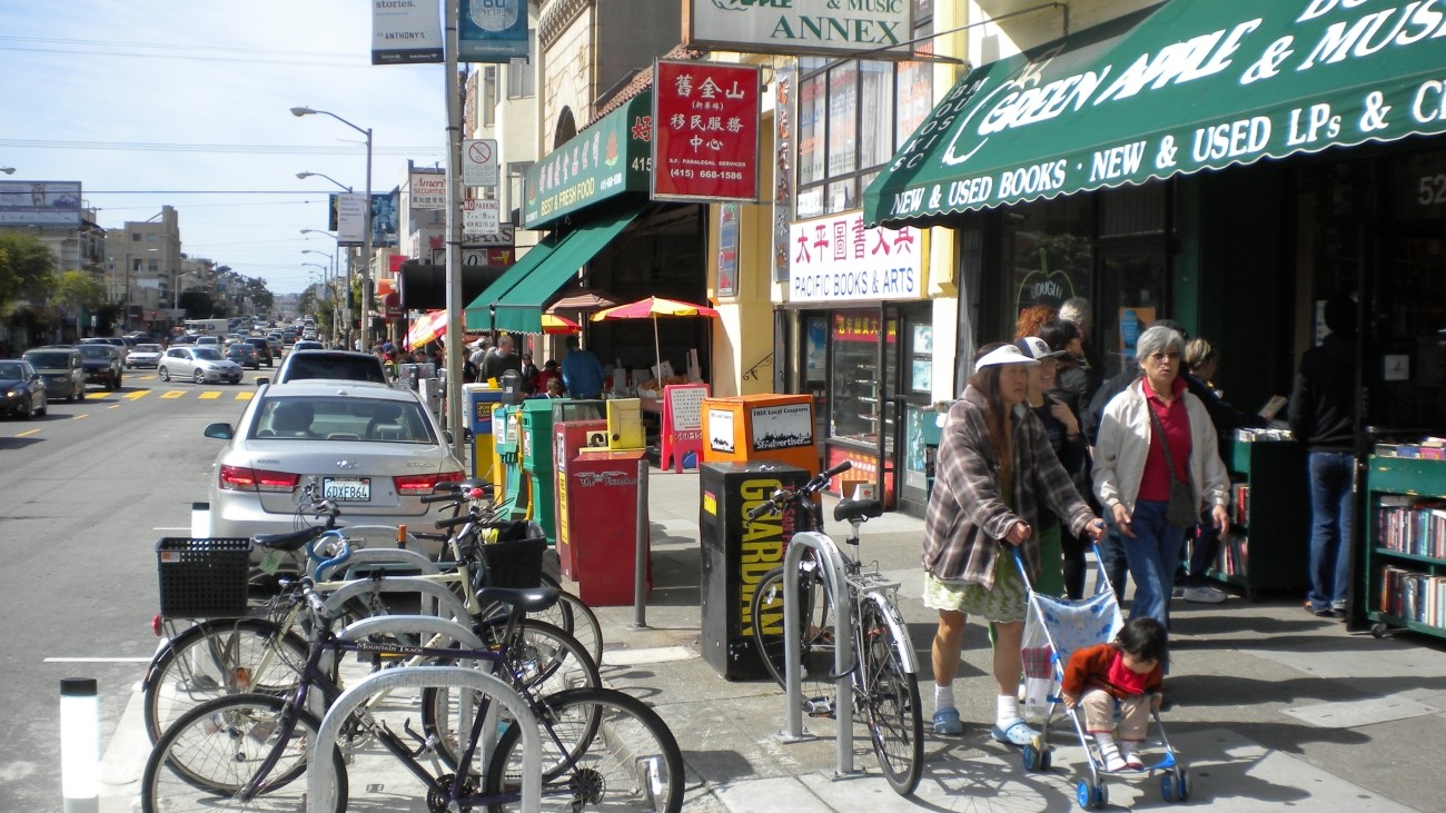 People walking on Clement past Green Apple bookstore 