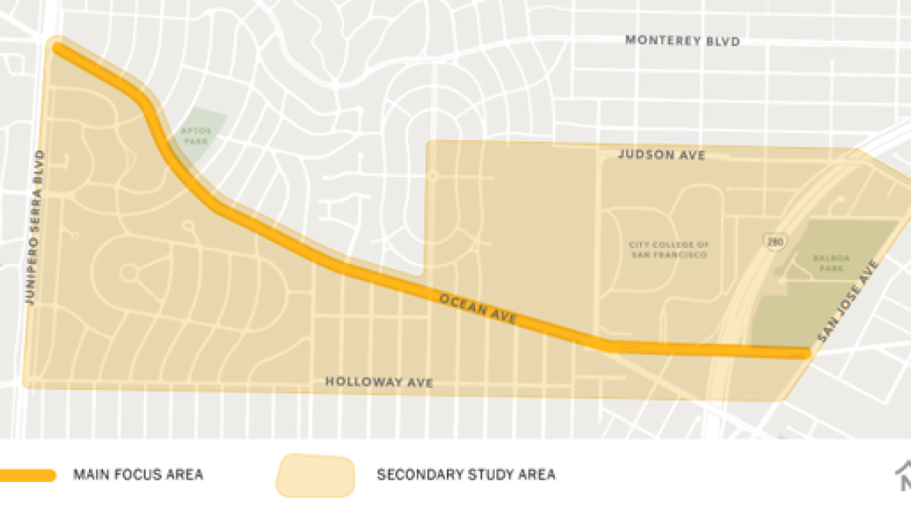 Map of Ocean Avenue Safety and Bike Access project area.