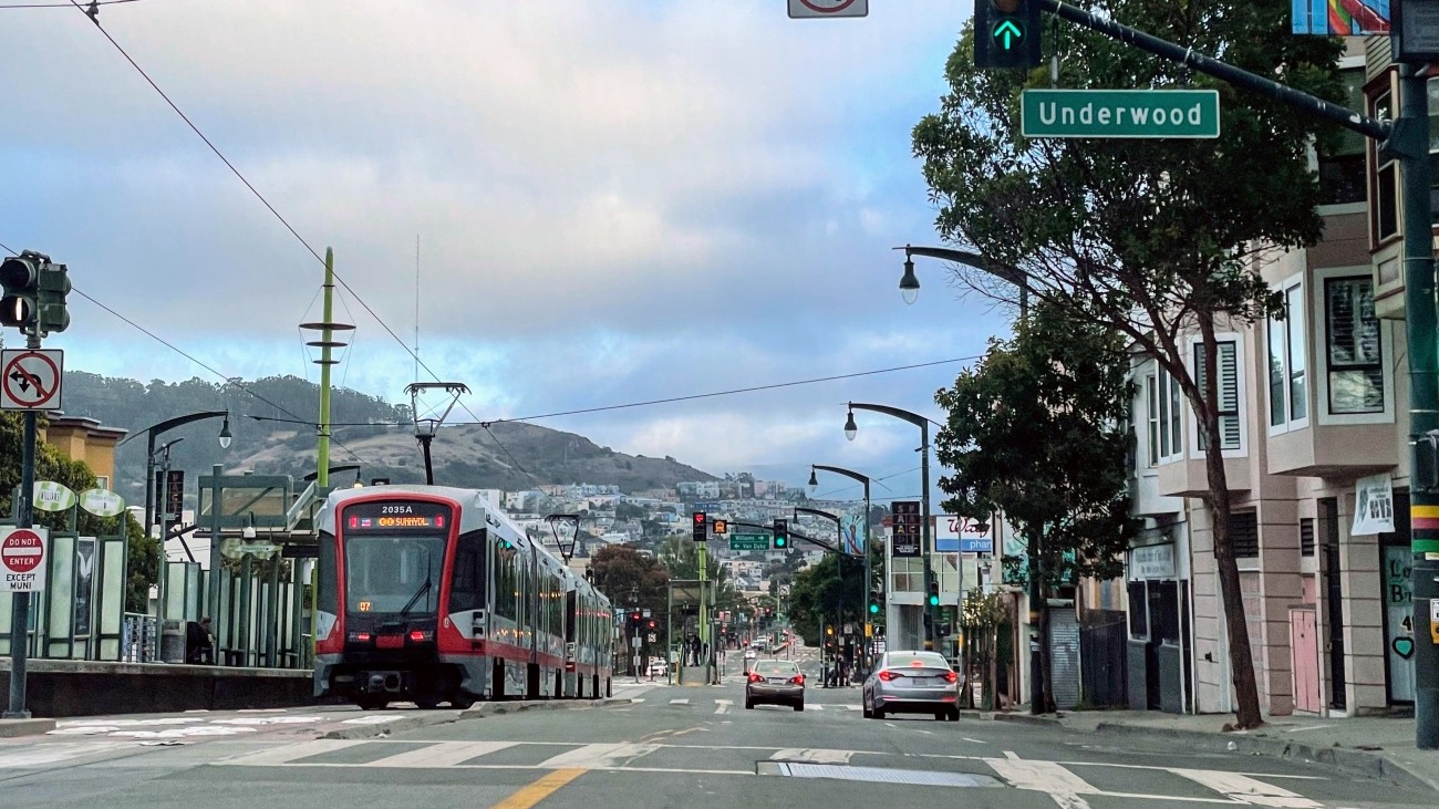 A T Third streetcar stops at the Williams Street station on Third Street in the Bayview.