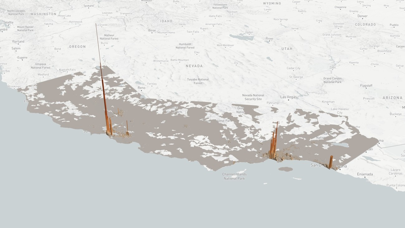 A 3-dimensional map of California showing total TNC trips per square mile by zip code. Trip density is represented by height and by color scale from gray to orange. Zip codes with few or no trips are flat and gray. Zip codes with more trips per square mile are progressively taller and darker shades of orange. The map shows a tall cluster of dark orange towers in San Francisco, followed by a cluster of medium-orange towers in Los Angeles, shorter and covering a larger area than San Francisco.