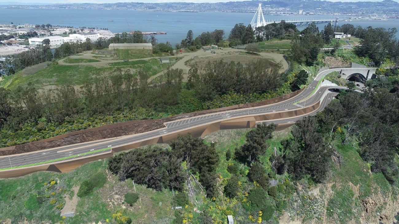 Rendering of the newWest Side Bridges, connecting Treasure Island Road to Hillcrest Road and the Bay Bridge