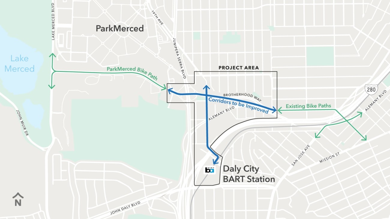 A map of the Project Area and its surroundings. To the west of the Project Area is a green line, running along brotherhood way from Lake Merced Boulevard to just east of Junipero Serra Boulevard, labeled "ParkMerced Bike Path." To the east of the Project Area are green lines labeled "Existing Bike Paths." Within the Project area are two blue lines, one connecting the green lines on either side, the other running from St. Charles Avenue to Daly City BART.